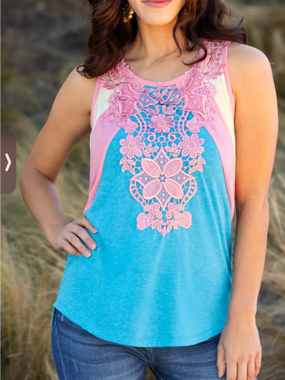 Sunshine & Rodeos Teal Tank with Pink Crochet Lace